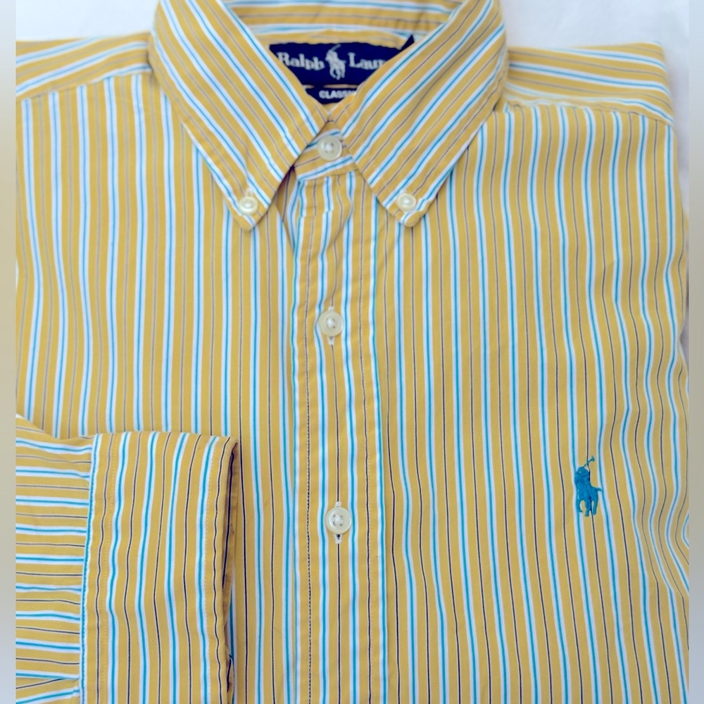 Ralph Lauren Yellow and Blue (aqua) Striped Button‎ Down Shirt Size M